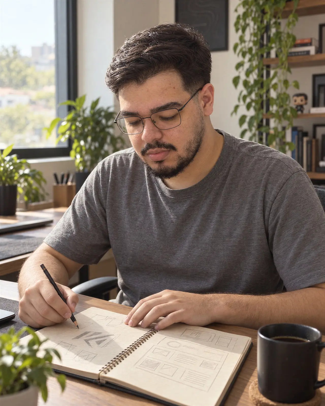 Mateus Cremon rabiscando o rascunho de um logo e de um site num caderno de folha cor de areia
