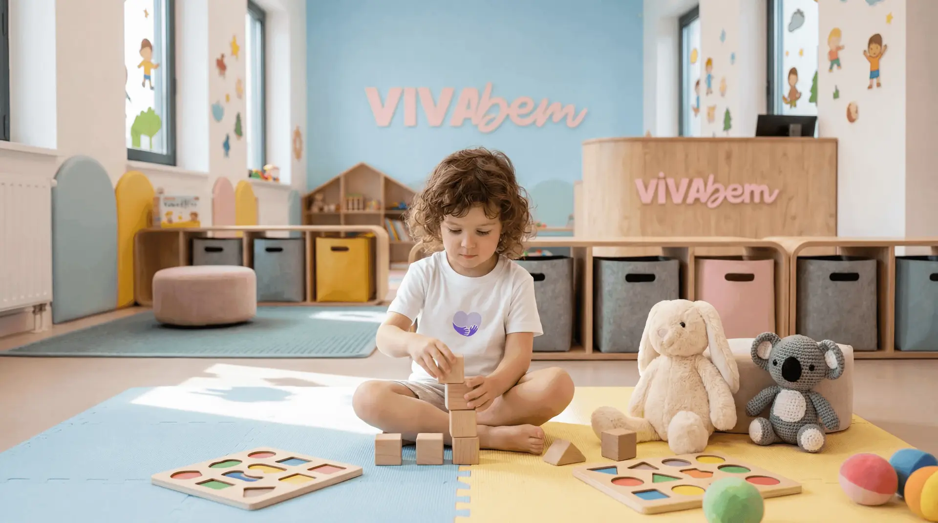 Criança sentada num tapete brincando com blocos de madeira, numa sala de terapia de parede azul com o nome VivaBem em rosa.