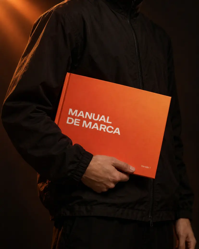 Mateus Cremon segurando um manual de marca laranja