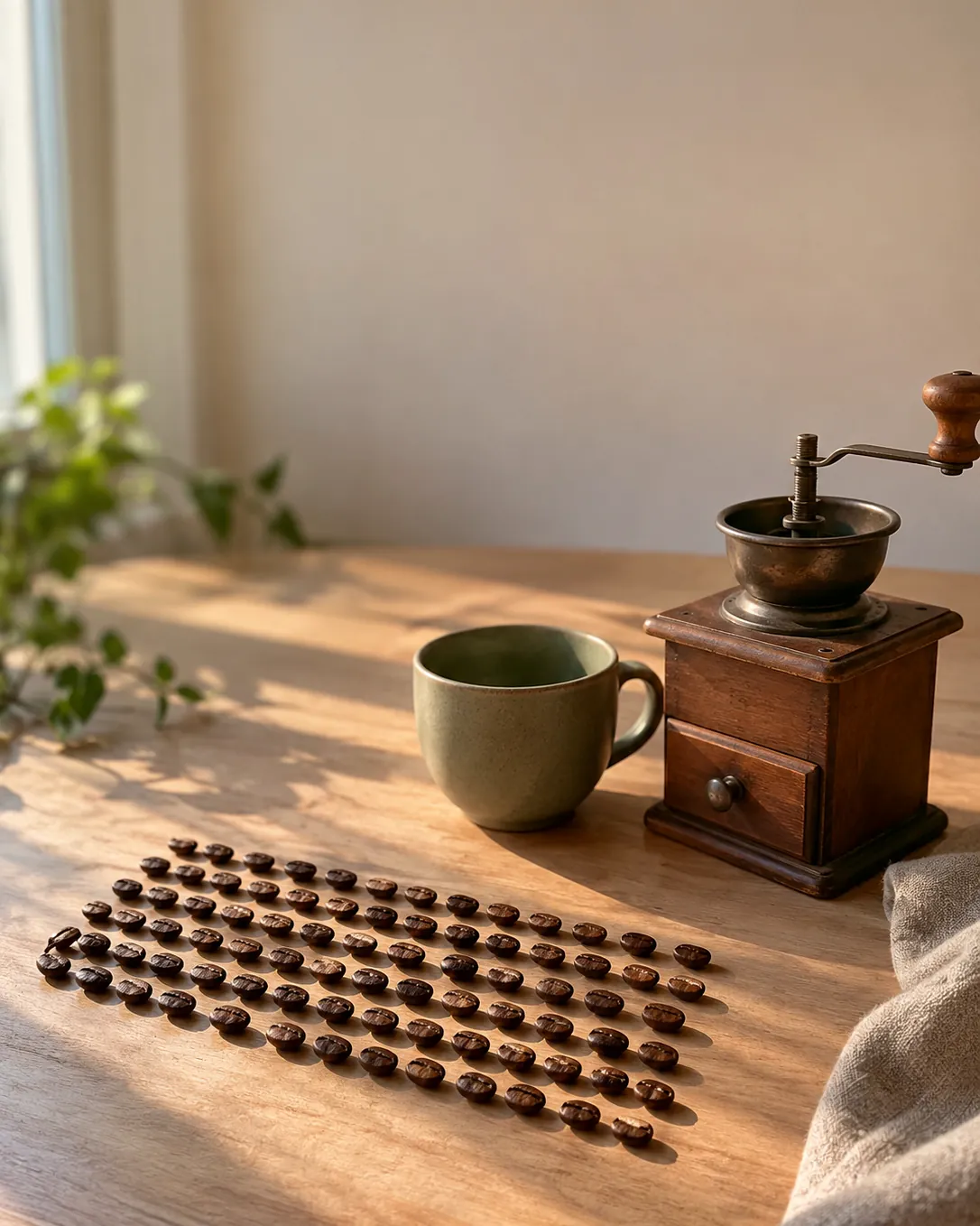 Grãos de café enfileirados numa mesa de madeira, ao lado de uma xícara e de um moedor manual