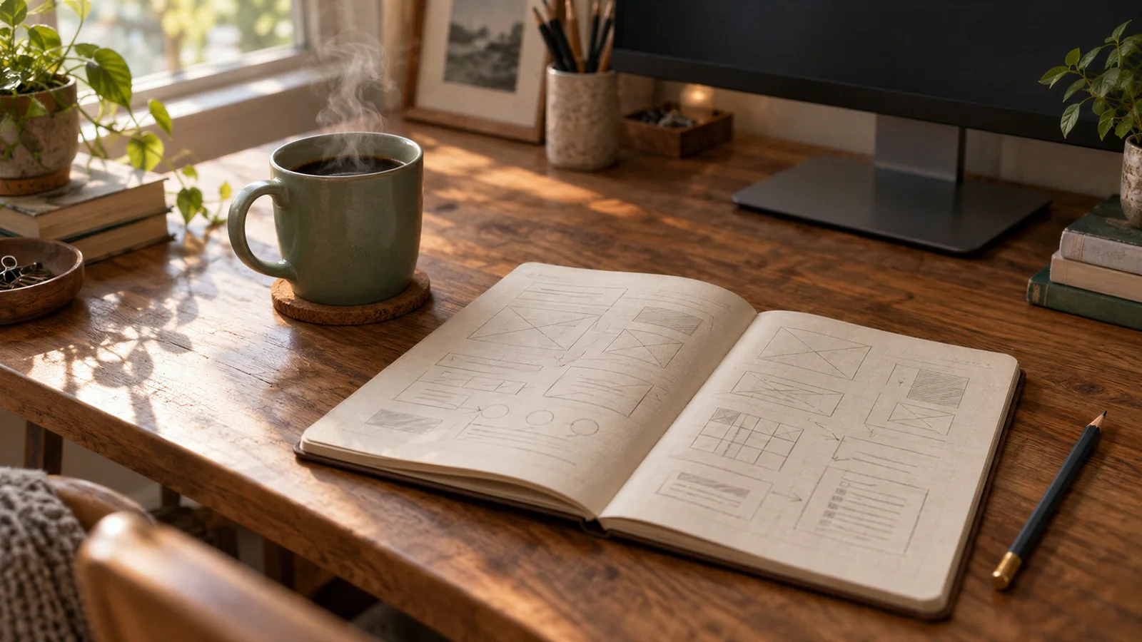 Mesa de madeira de manhã com uma caneca verde de café, um caderno aberto com rabiscos de layout e o monitor desligado