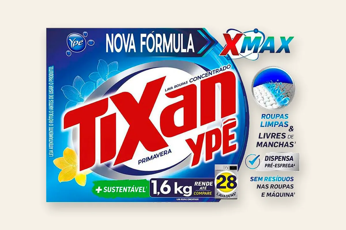 Caixa de sabão em pó Tixan Ypê, com o Tixan grande no meio e o Ypê menor do lado