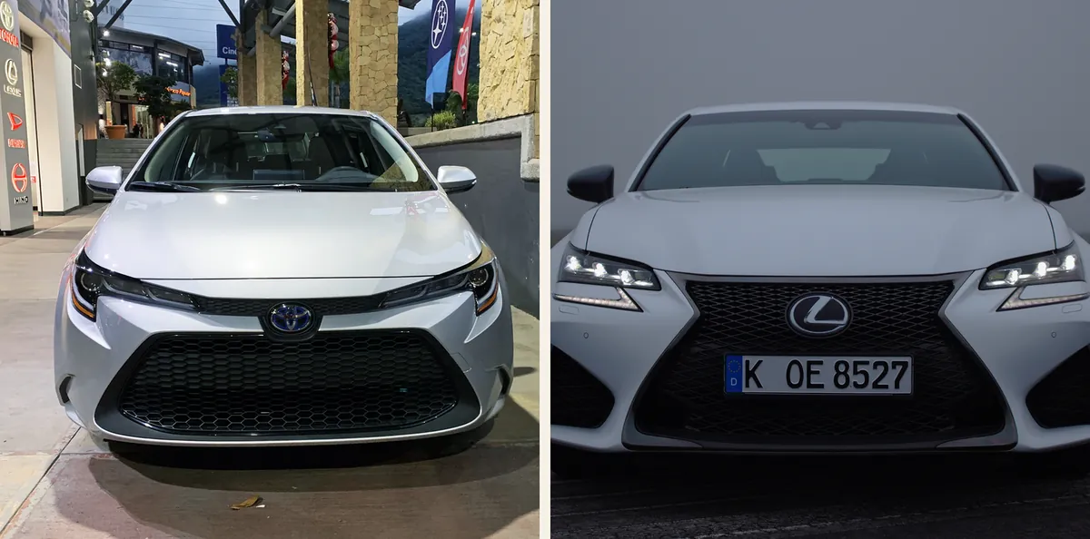 A frente de um Toyota Corolla branco ao lado da frente de um Lexus GS F branco